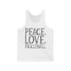 Unisex pickleball tank top with peace sign, heart, and pickleball paddle icons above "Peace, Love, Pickleball" text