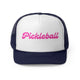 Navy trucker cap with "Pickleball" written in pink cursive script