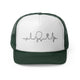 Dark Green trucker cap with a heartbeat-line illustration incorporating a paddle and pickleball