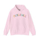 Light pink hoodie with a colorful arched PICKLEBALL text design