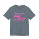 Heather slate pickleball t-shirt with a pink script We Wear Pink and Play Pickleball text design