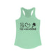 Women's racerback pickleball tank top with peace sign, heart, and pickleball paddle icons above "Peace, Love, Pickleball" text