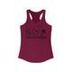 Women's racerback pickleball tank top with peace sign, heart, and pickleball paddle icons above "Peace, Love, Pickleball" text