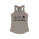 Women's racerback pickleball tank top with peace sign, heart, and pickleball paddle icons above "Peace, Love, Pickleball" text