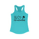 Women's racerback pickleball tank top with peace sign, heart, and pickleball paddle icons above "Peace, Love, Pickleball" text