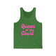 Pickleball tank top with a pink script Queen of the Court text design