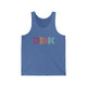 Blue TriBlend unisex pickleball tank top with a rainbow-striped "DINK" wordmark
