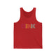 Red TriBlend unisex pickleball tank top with a rainbow-striped "DINK" wordmark
