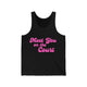 Black pickleball tank top with a pink script Meet You on the Court text design
