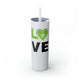 Glitter Iceberg skinny tumbler with straw and "LOVE" text with a paddle-and-ball heart icon