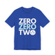 T-shirt with a stacked ZERO ZERO TWO text design and a pickleball replacing the O in two