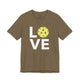 Heather olive t-shirt with a LOVE text design and a yellow pickleball replacing the O