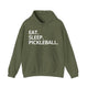 Military green hoodie with Eat. Sleep. Pickleball. text design