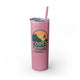 Glitter Magic Pink skinny tumbler with straw and a retro stacked "Coast to Coast Pickleball apparel + accessories" logo
