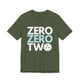 Military green t-shirt with a stacked ZERO ZERO TWO text design and a pickleball replacing the O in two