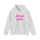 Ash gray pickleball hoodie with a pink script Drop Shot text design