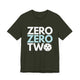 Dark olive t-shirt with a stacked ZERO ZERO TWO text design and a pickleball replacing the O in two