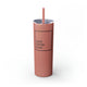 Glitter Dusty Rose skinny tumbler with straw and a "DINK DRINK DINK" wordmark in a bordered box