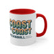 White mug with a Red accent and a retro stacked "Coast to Coast Pickleball apparel + accessories" logo