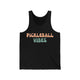 Black tank top with retro Pickleball Vibes text design in peach and sage