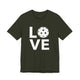 Dark olive t-shirt with a LOVE text design and a white pickleball replacing the O