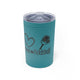 Turquoise vacuum insulated tumbler with a "Peace Love Pickleball" design with a peace-sign hand, a heart, and a paddle and ball