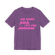 Heather team purple pickleball t-shirt with a pink script We Wear Pink and Play Pickleball text design