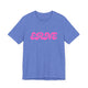 Heather Columbia blue pickleball t-shirt with a pink retro bubble ERNE text design