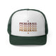 Dark Green trucker cap with the word "PICKLEBALL" repeated in a gradient of colors with small hearts