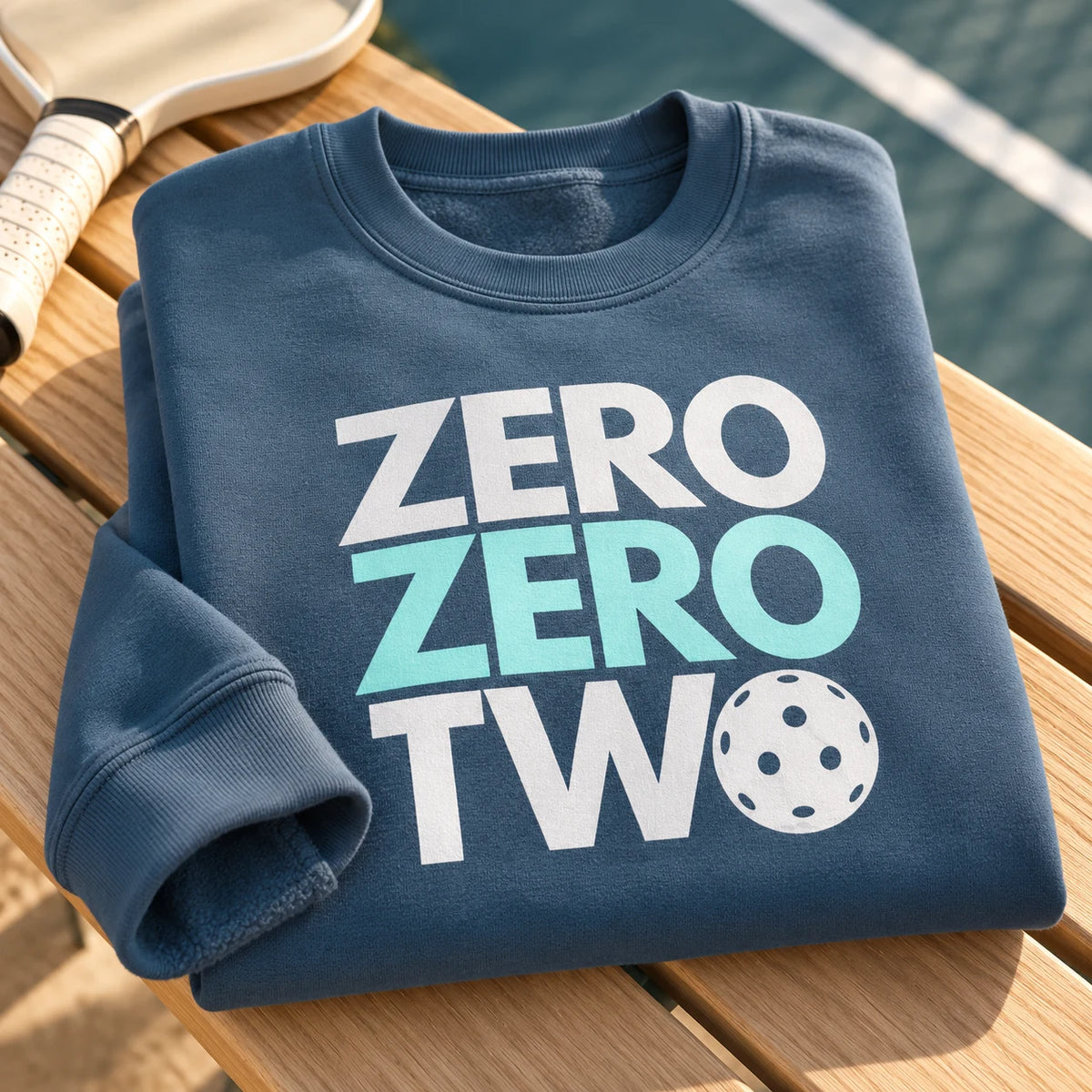 Close-up of a folded indigo Zero Zero Two pickleball crewneck sweatshirt.