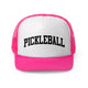 Pink trucker cap with a bold arched "PICKLEBALL" wordmark