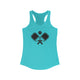 Solid Tahiti Blue women's racerback pickleball tank top with a small crossed-paddles icon on the left chest