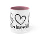 White mug with a Pink accent and a "Peace Love Pickleball" design with a peace-sign hand, a heart, and a paddle and ball