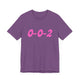 Heather team purple pickleball t-shirt with a pink script 0-0-2 text design