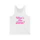 Pickleball tank top with a pink script What's the Score text design