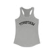 Women's racerback pickleball tank top with a bold arched "PICKLEBALL" wordmark printed upside down