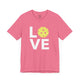 Charity pink t-shirt with a LOVE text design and a yellow pickleball replacing the O