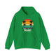 Irish Green pickleball hoodie with a retro sunset circle with silhouetted palm trees and "West Coast Pickleball" script text
