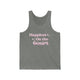 Deep Heather unisex pickleball tank top with retro script text "Happiest On the Court" and sparkle accents