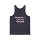 Heather Navy unisex pickleball tank top with retro script text "Happiest On the Court" and sparkle accents