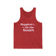 Red TriBlend unisex pickleball tank top with retro script text "Happiest On the Court" and sparkle accents