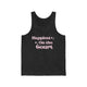 Dark Grey Heather unisex pickleball tank top with retro script text "Happiest On the Court" and sparkle accents