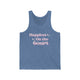 Blue TriBlend unisex pickleball tank top with retro script text "Happiest On the Court" and sparkle accents