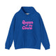 Royal blue pickleball hoodie with a pink script Queen of the Court text design