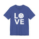 Heather true royal t-shirt with a LOVE text design and a white pickleball replacing the O