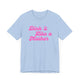 Baby blue pickleball t-shirt with a pink script Dink it Like a Mother text design