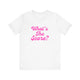 White pickleball t-shirt with a pink script What's the Score text design