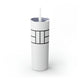 White skinny tumbler with straw and a line-art illustration of a pickleball court