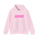 Light pink pickleball hoodie with a pink retro bubble ERNE text design