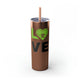 Glitter Rosegold skinny tumbler with straw and "LOVE" text with a paddle-and-ball heart icon